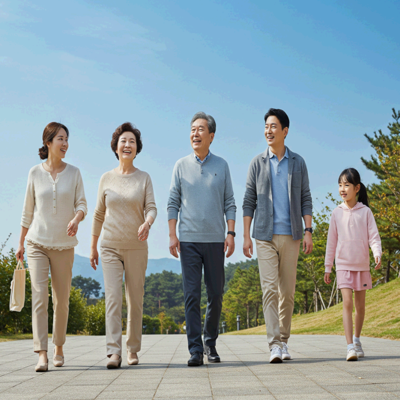 삼세대 가족이 공원길을 함께 산책.