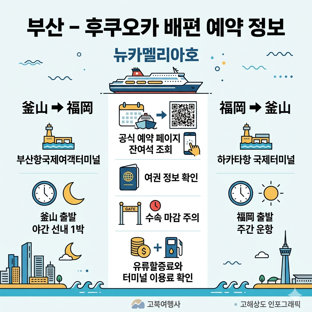 부산 후쿠오카 배편 예약｜뉴카멜리아호 시간표&middot;요금&middot;수속 방법 인포그래픽