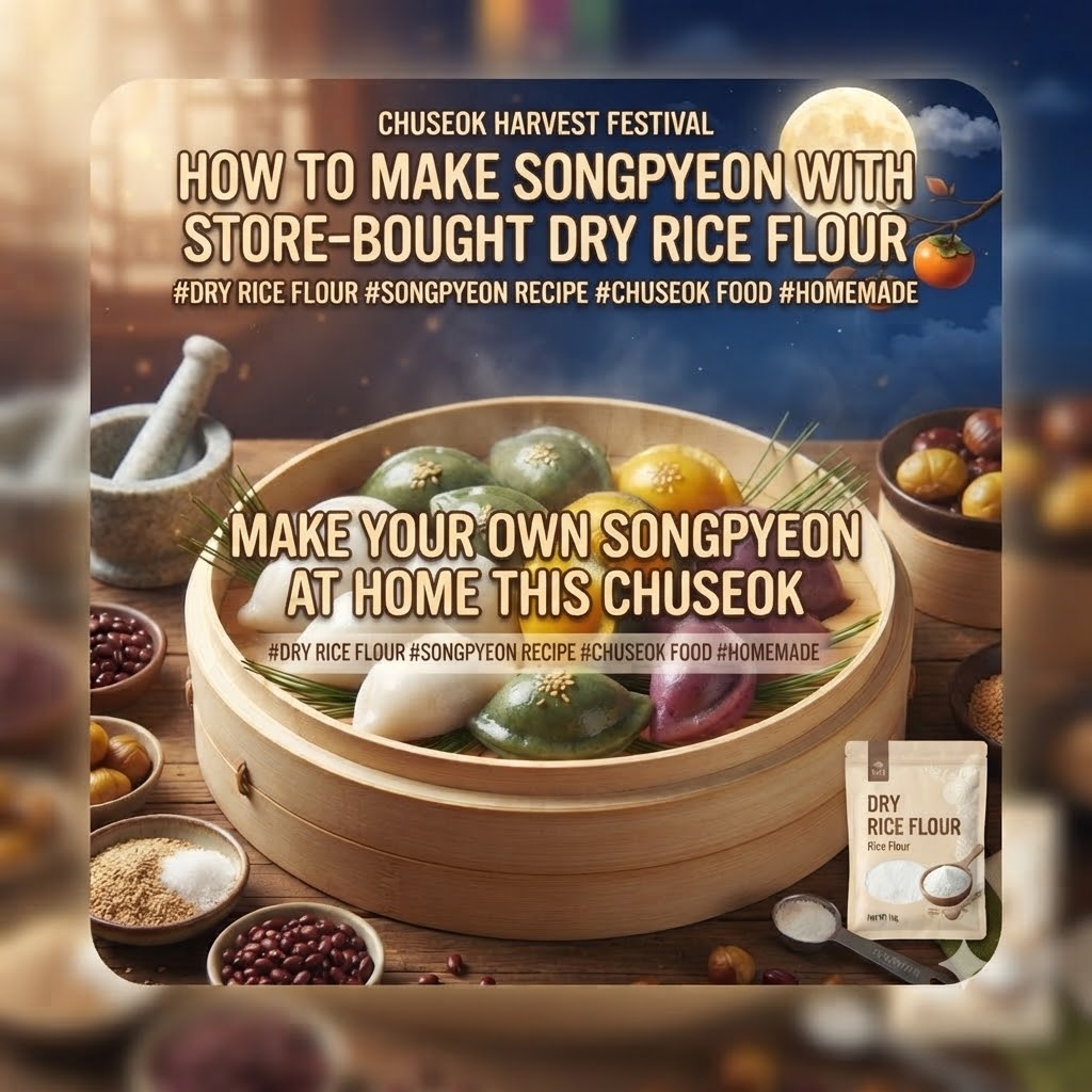 How to make Songpyeon with store-bought dry rice flour - A recipe thumbnail featuring a steamer basket full of colorful rice cakes against a full moon background for Chuseok