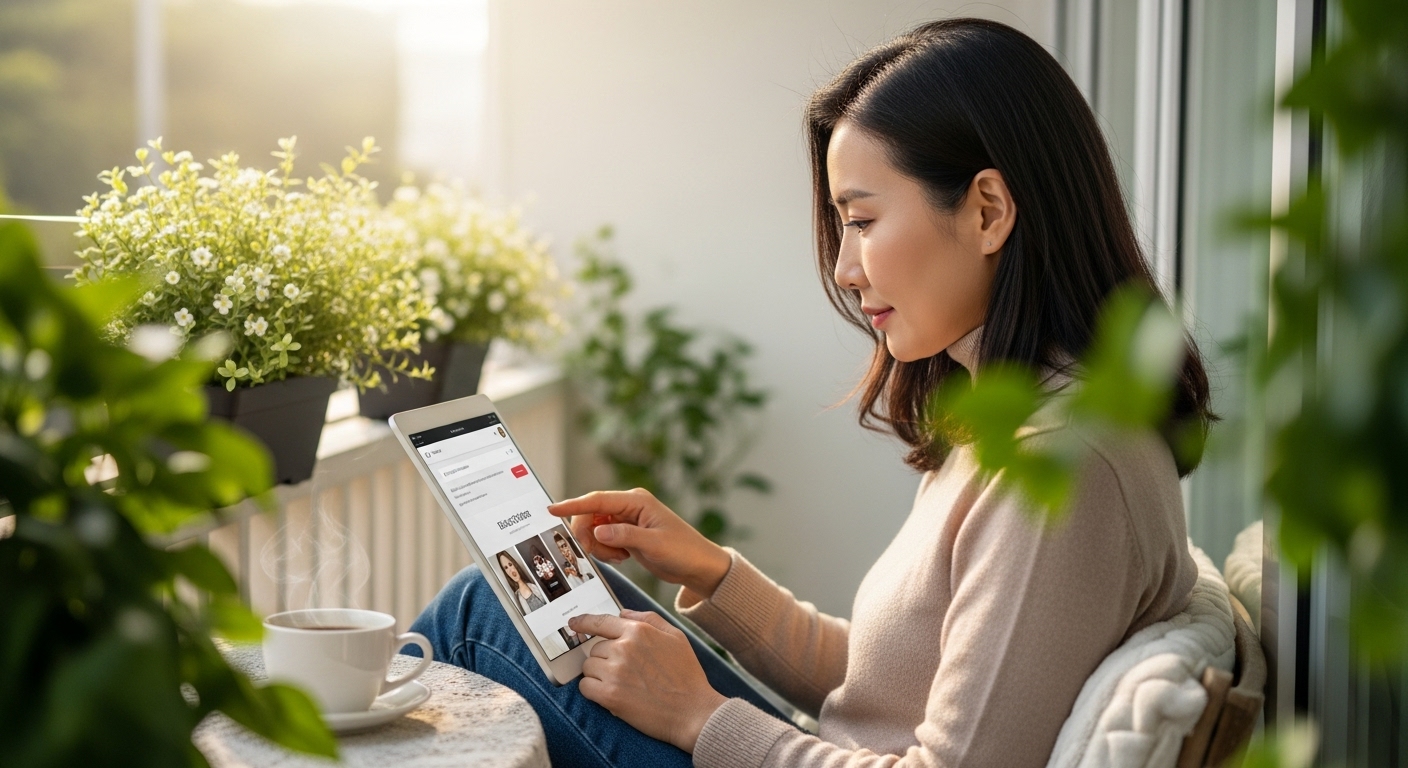 블로그 홈화면을 보는 여성