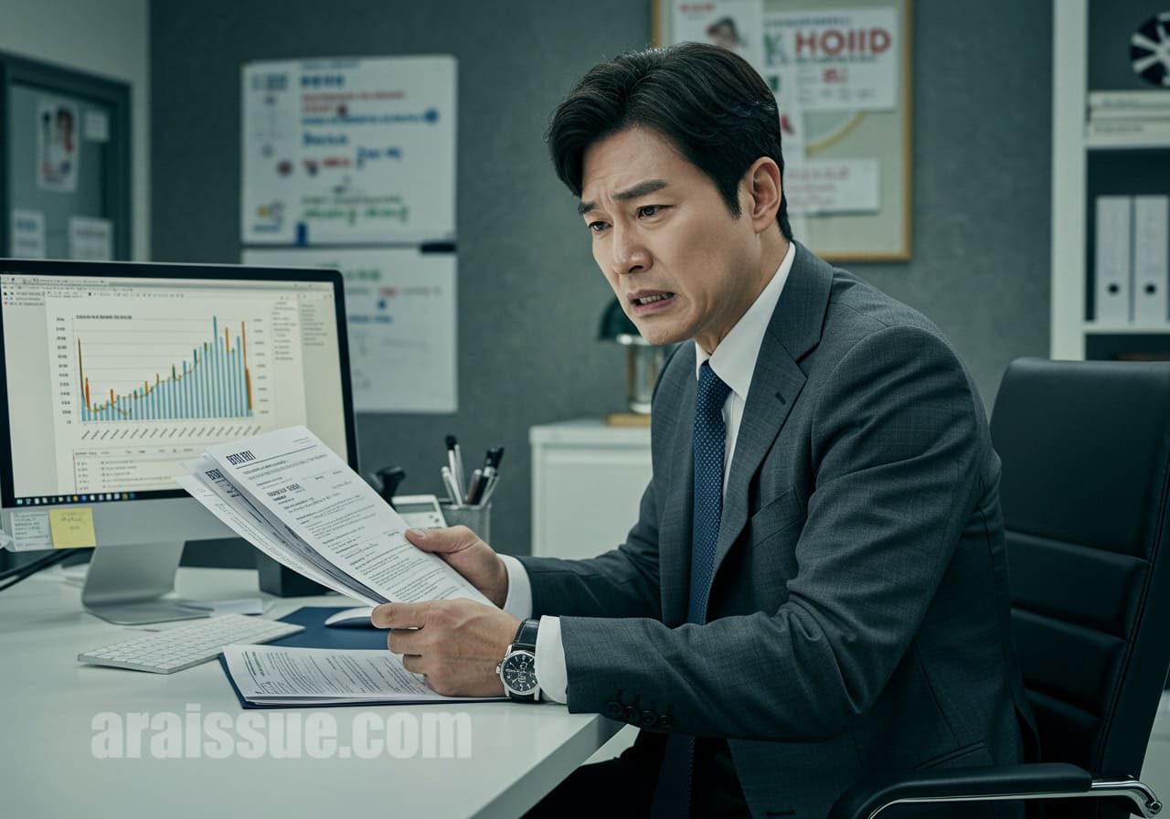 40대 한국 남성이 현대식 사무실에서 실손보험 서류를 들고 고민하는 모습입니다. 컴퓨터 화면에는 BMI 차트가 떠 있습니다. 불안한 표정이 보험 거절 상황을 잘 보여줍니다.