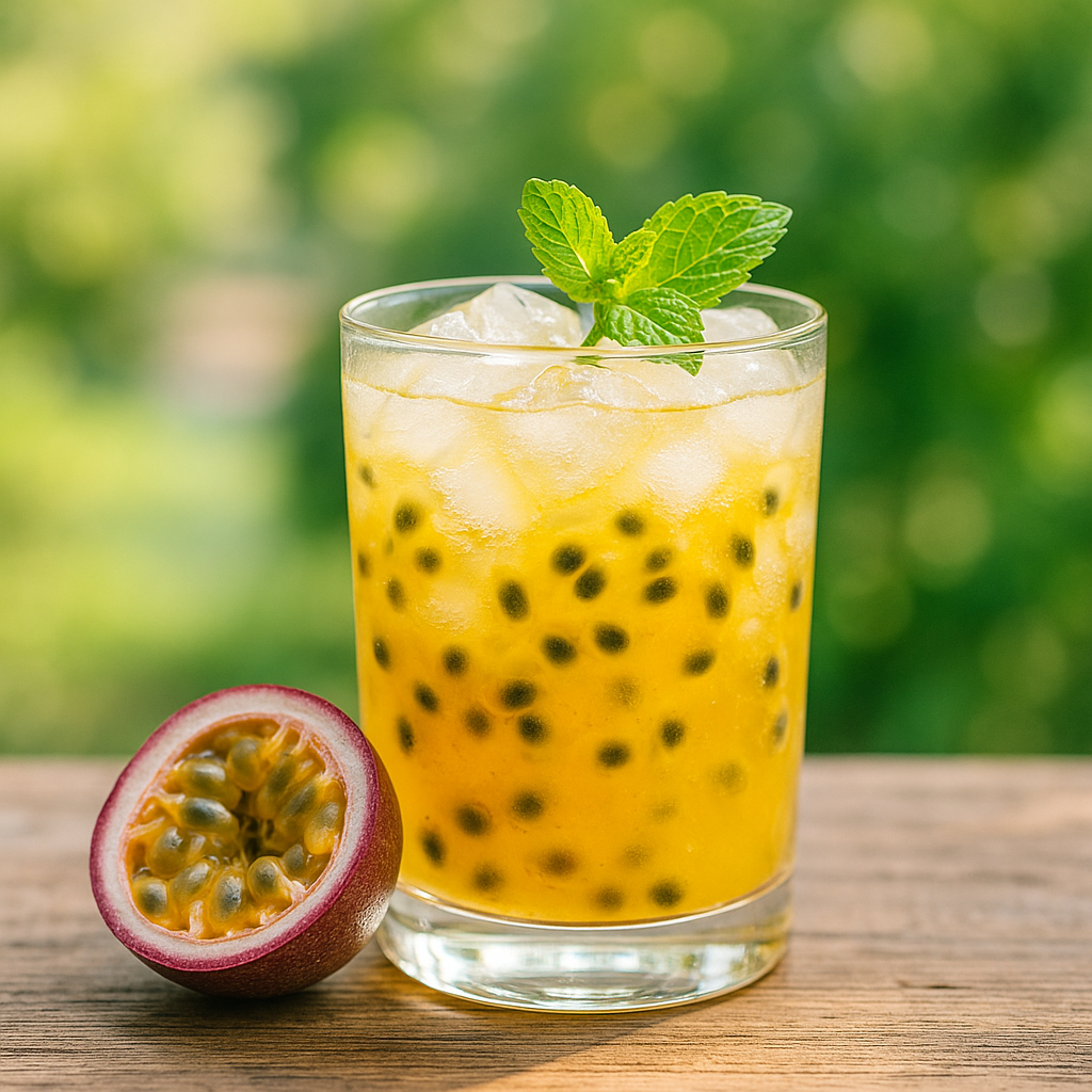 패션프루트 에이드와 반쪽 과일이 놓인 여름 배경의 테이블