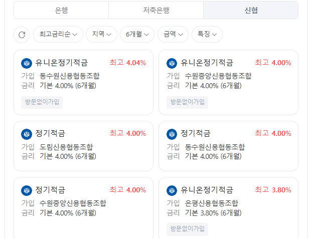 저축은행, 신협 6개월이상 적금 금리