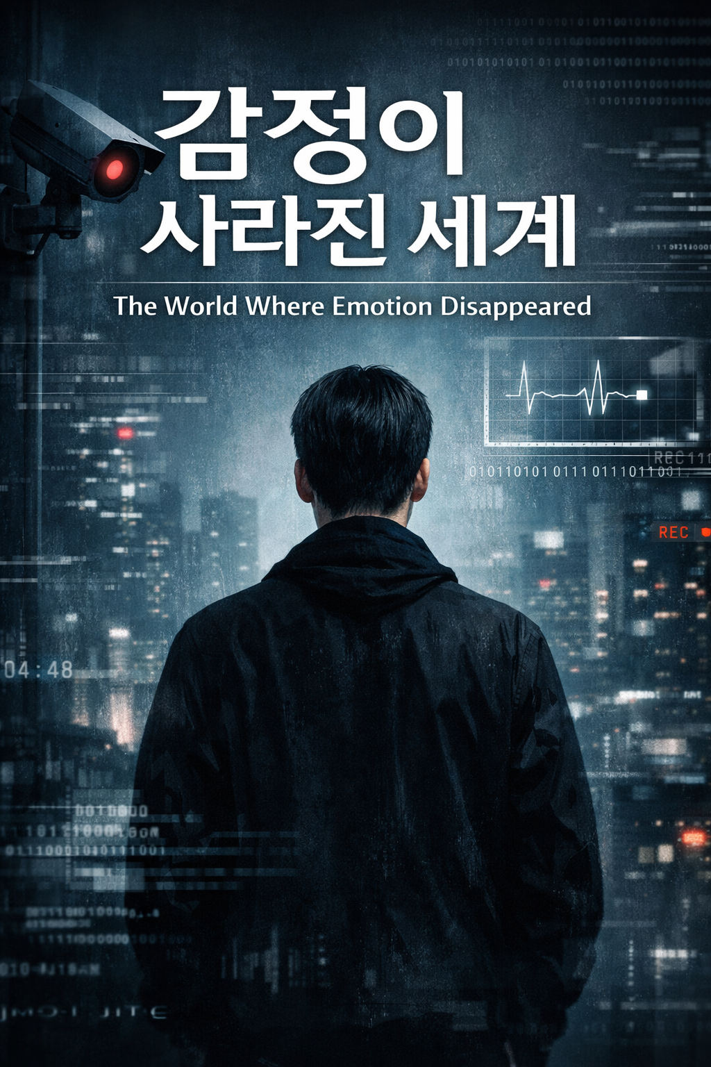 감정이 기록되고 통제되는 미래 사회에서 감시 카메라 아래 도시를 바라보는 한 남자의 뒷모습을 통해 감정 통제 디스토피아 세계를 표현한 SF 연재소설 《감정이 사라진 세계》 대표 이미지