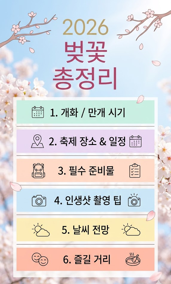 2026 벛꽃 개화, 만개시기, 주요 벛꽃 축제 장소, 일정, 준비물, 사진 촬영팁, 날씨 전망 총정리