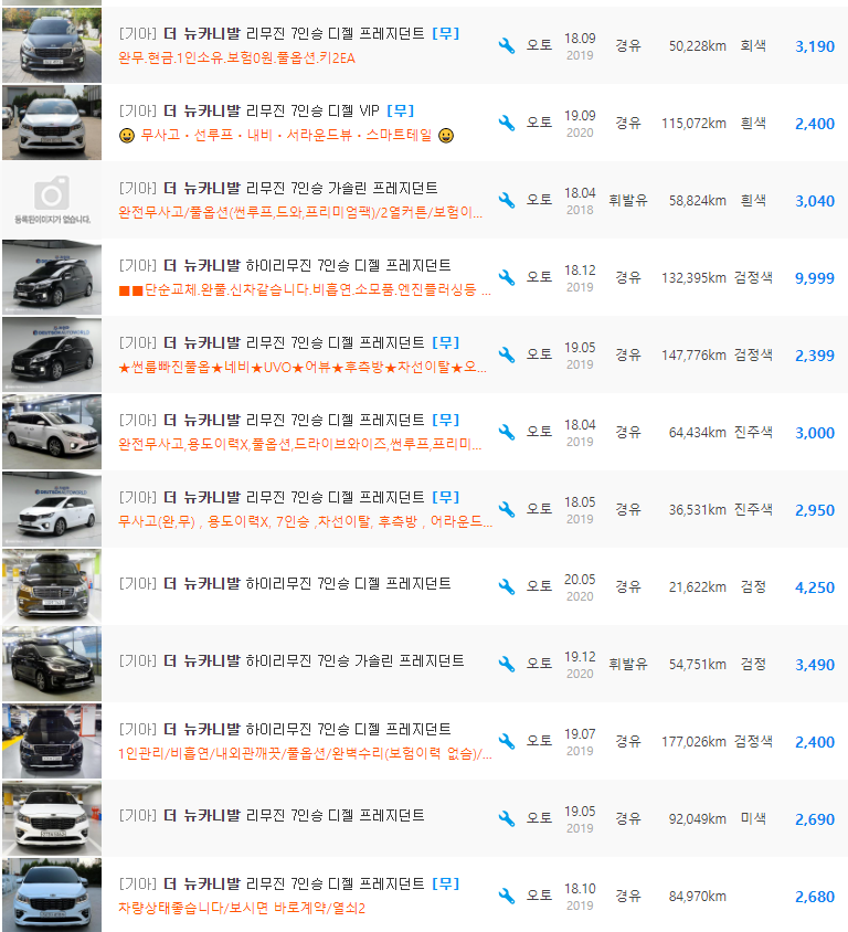 더 뉴 카니발 7인승 등급 중고차 시세 : 1,780만원 ~ 4,250만원