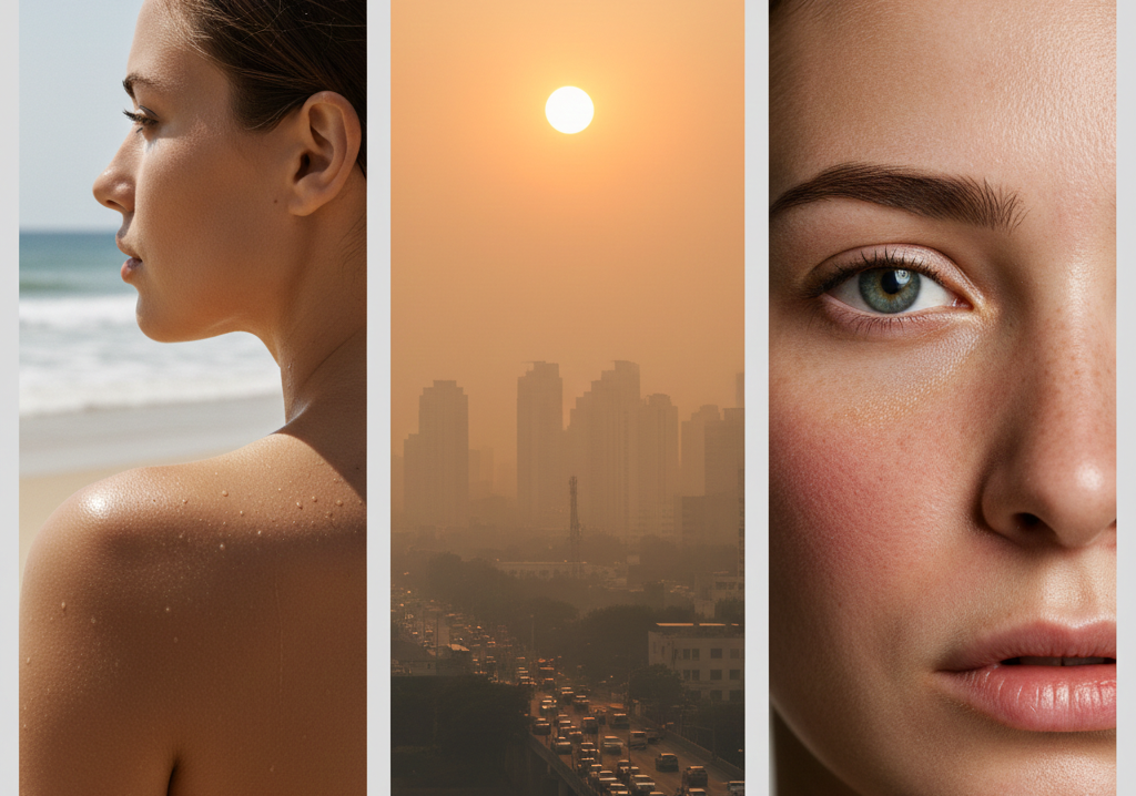 봄철에는 자외선 지수 상승뿐 아니라 황사, 꽃가루, 미세먼지가 피부에 자극을 주는 설명사진