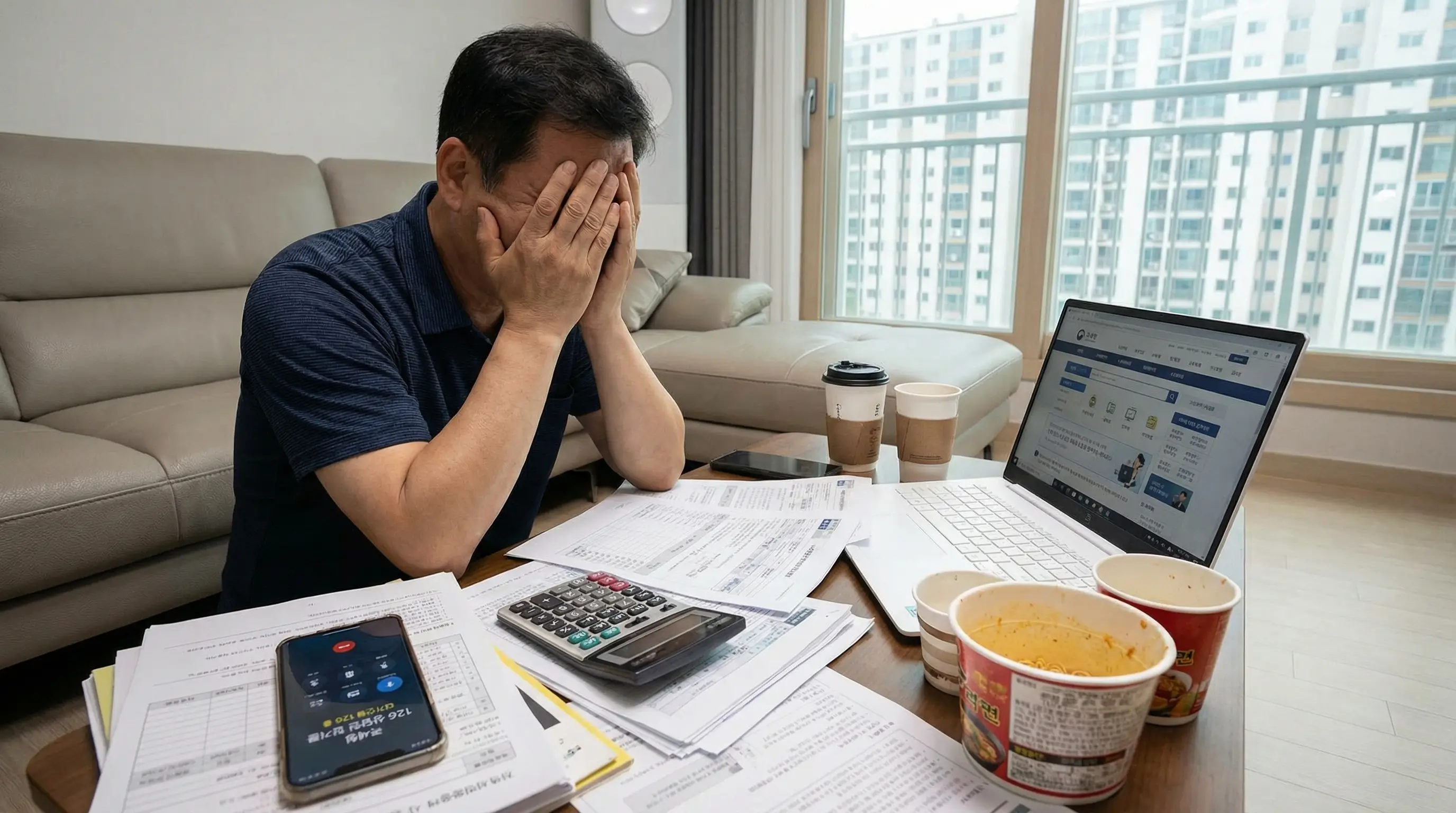 양도세 계산 문제로 머리를 싸매고 국세청 126 전화 연결을 기다리는 납세자의 모습