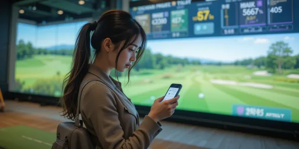 실내 골프장 내에서 스마트폰 앱으로 가격표를 분석하는 여성의 모습.