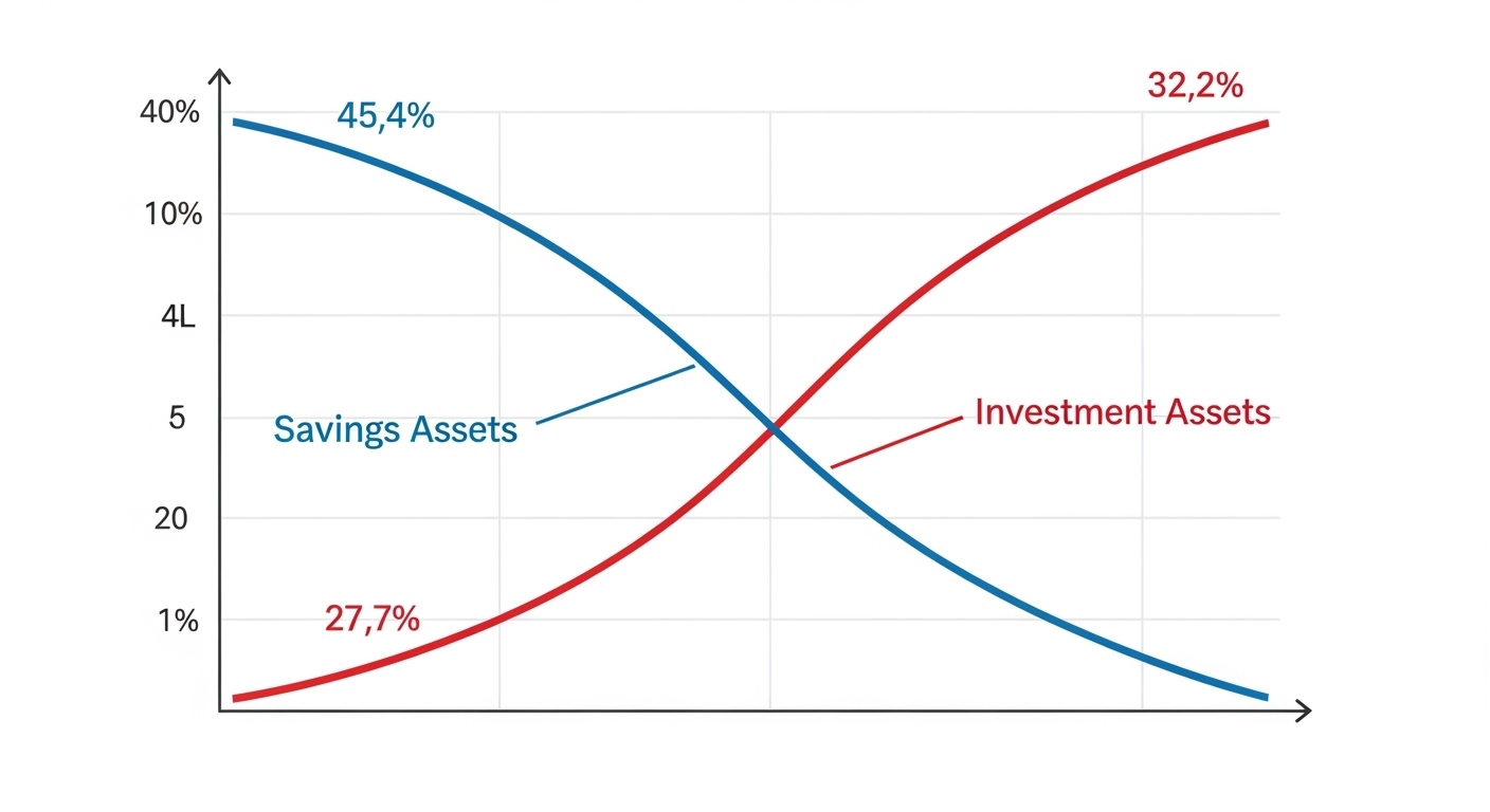 '저축'이라고 쓰인 하락세 그래프와 '투자'라고 쓰인 상승세 그래프가 교차하는 모습