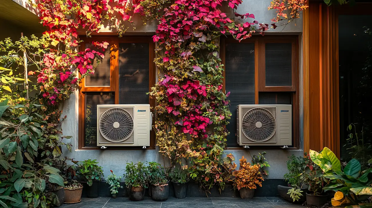 간편함과 유지보수의 용이성을 강조하며 설치되는 야외 에어컨. 자연스러운 분위기를 배경으로 효율적인 설치가 진행된다.