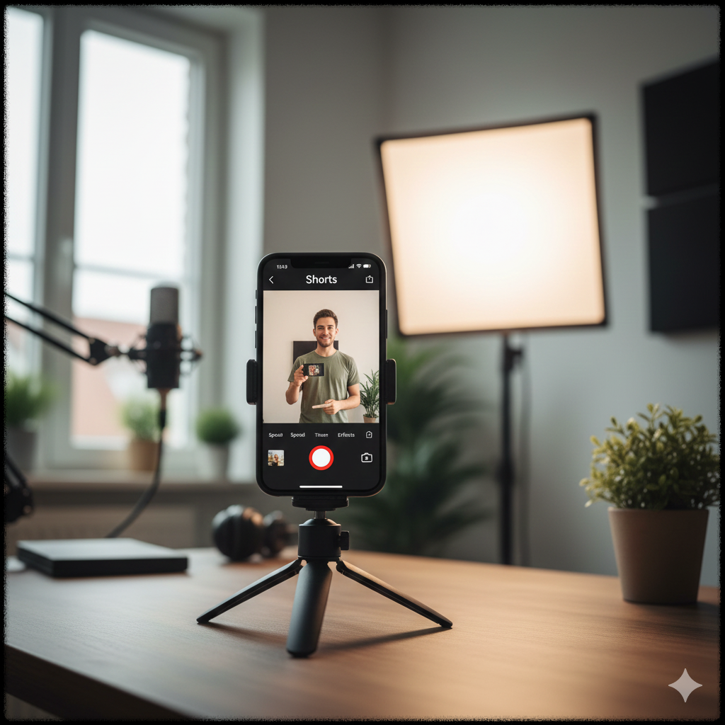 스마트폰으로 유튜브 쇼츠 영상을 촬영하는 모습