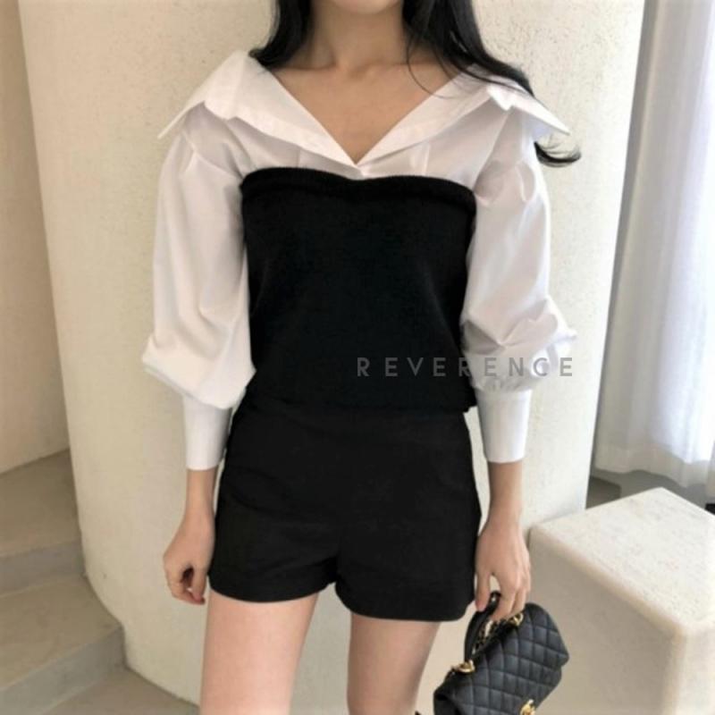 여성 배색 카라 벌룬 레이어드 셔츠 니트 블라우스