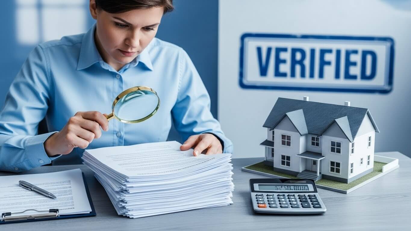 한여성이현미경으로 서류를 꼼꼼이보고있고-옆에는 주택모형과계산기-verified 라는 문구가 있다