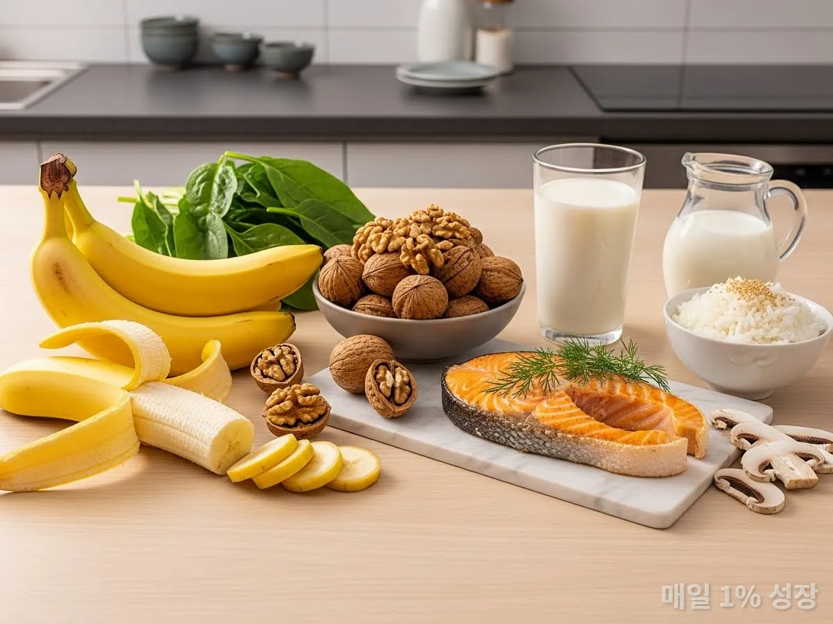 우울증 예방에 좋은 바나나, 호두, 연어 등 건강한 식재료가 놓인 식탁