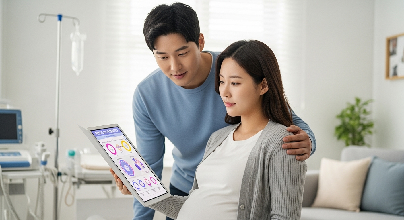 임신부가 남편과 함께 임신 진행 상황과 고위험 요소를 함께 확인하는 모습.
