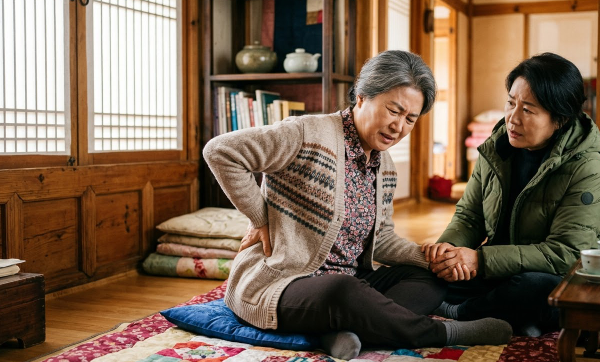 허리 통증이 있어서 며느리와 이야기를 나누고 있는 모습