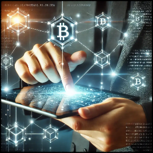 암호 화폐, 가상 화폐를 태블릿 PC로 구매하는 남성의 이미지