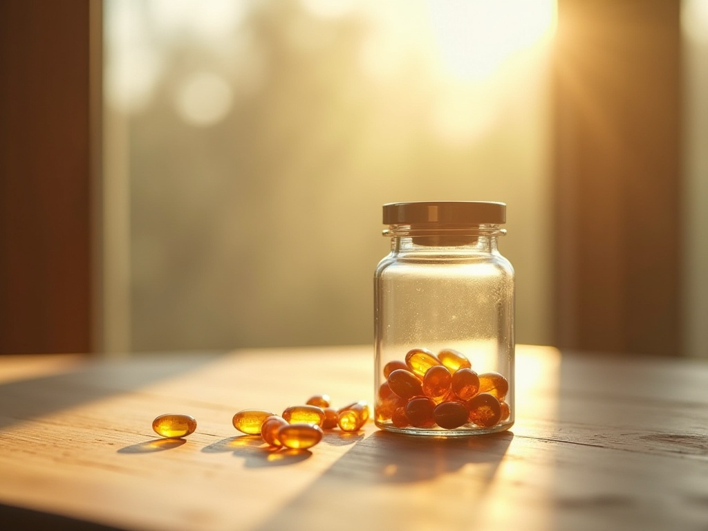 비타민이 들어 있는 병, 희망의 빛이 비추고 있는 모습