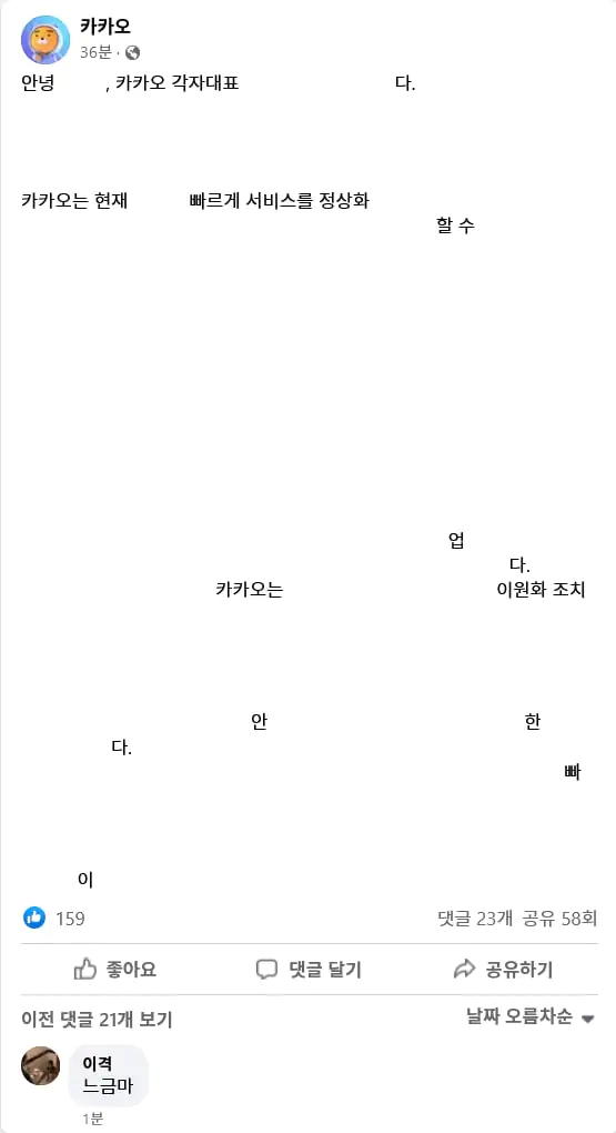 카카오 전산 장애 사과문 해석본