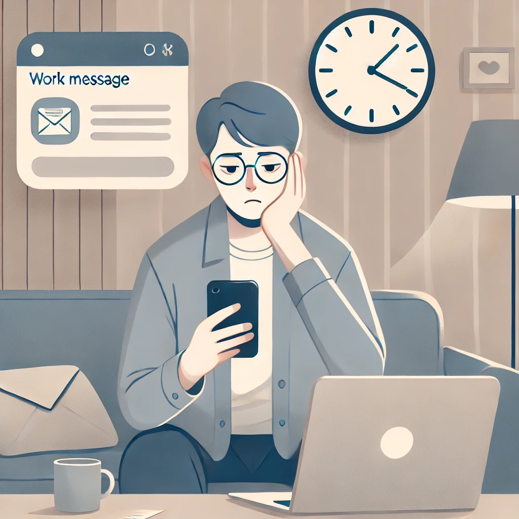 퇴근 후 집에서 업무 메시지를 확인하며 피곤한 표정으로 스마트폰을 보는 직장인의 감성 일러스트