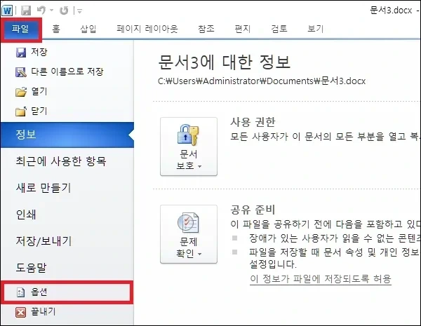 워드 옵션 실행