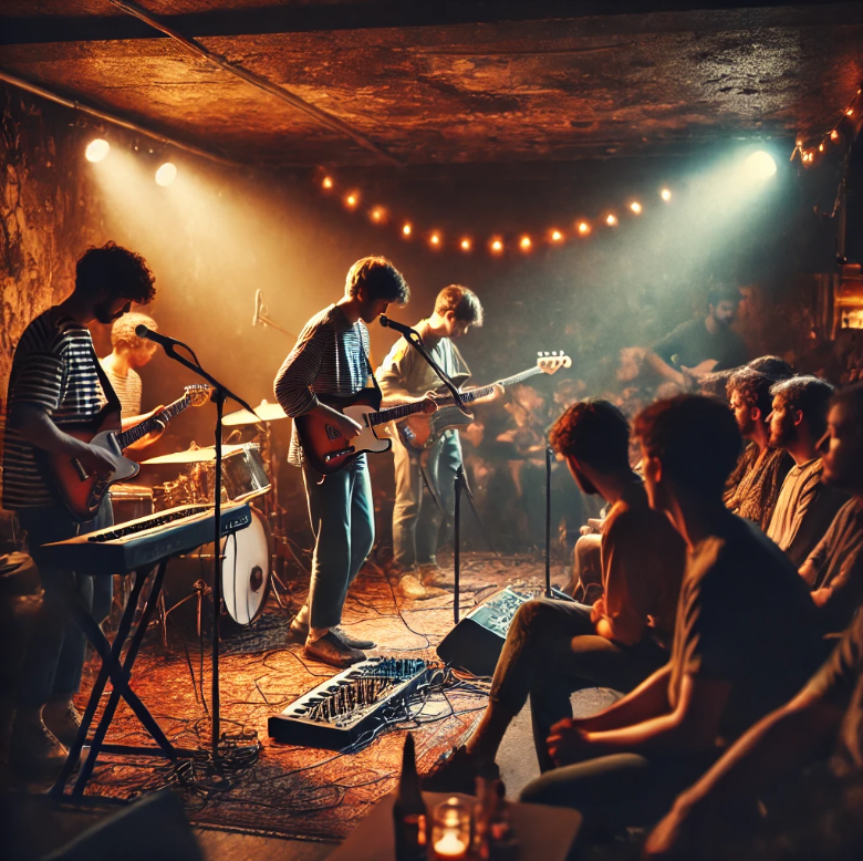 빈티지한 분위기의 소 공연장에서 공연하는 인디밴드의 모습