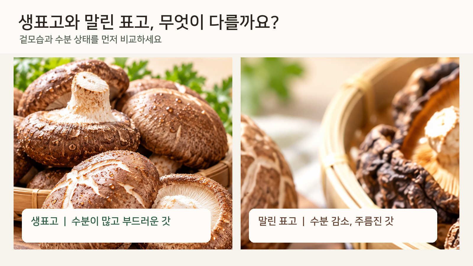 수분감 있는 신선한 표고버섯과 진한 갈색의 주름진 말린 표고버섯을 나란히 비교한 사진