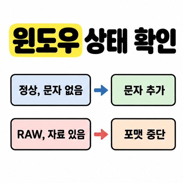 윈도우에서 정상 볼륨에 문자가 없으면 문자 추가, RAW 상태에 자료가 있으면 포맷 중단으로 연결한 상태별 조치 도식