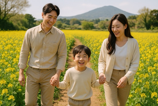 유채꽃 밭을 산책하는 가족 사진