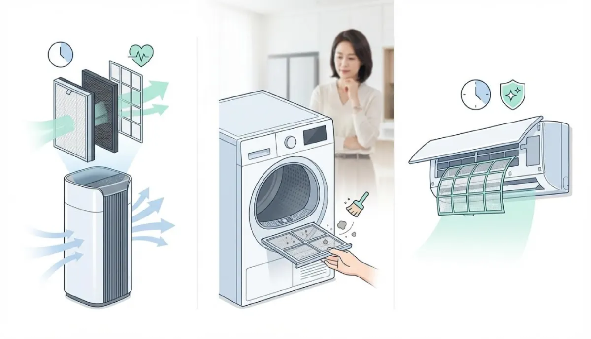 공기청정기 건조기 에어컨 필터 교체 주기 및 청소 방법 요약 인포그래픽