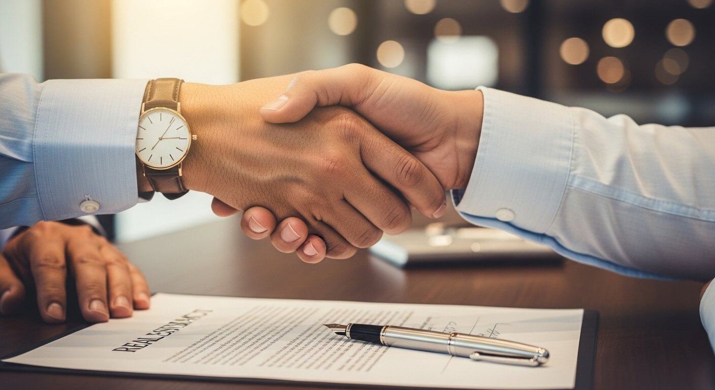 부동산 매매 계약서 서명 후 상호 신뢰를 확인하며 악수하는 모습