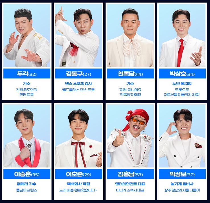 미스터트롯3 참가자 두각, 김동구, 천록담, 박상호, 이승훈, 이호준, 김홍남, 박상보의 사진과 직업 및 특징이 적혀있다.