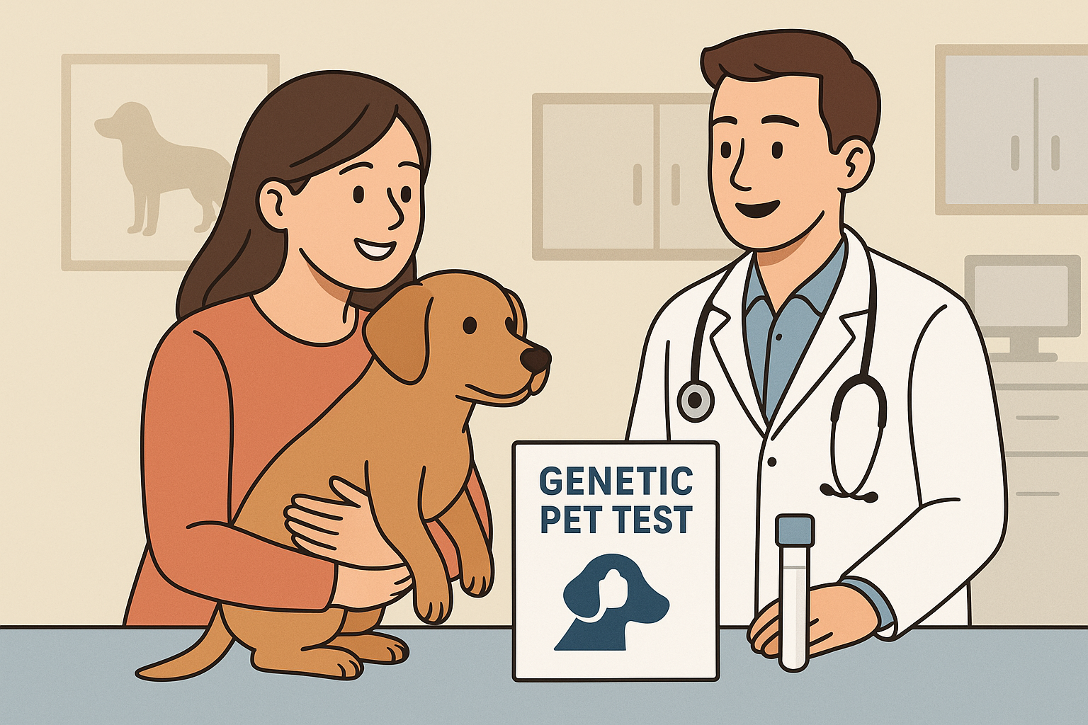 동물병원에 강아지의 유전자검사를 하기 위해 여자 보호자가 함께 내원하여 의사선생님에게 진료를 보고 있는 모습을 일러스트로 나타낸 모습