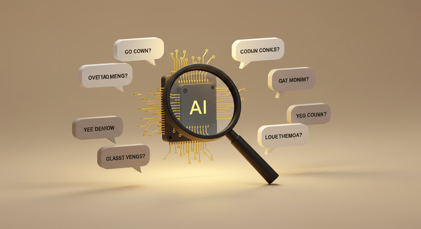 말풍선 속에 다양한 Z세대 신조어가 떠 있고 가운데에서 AI가 돋보기로 문맥을 분석하는 장면