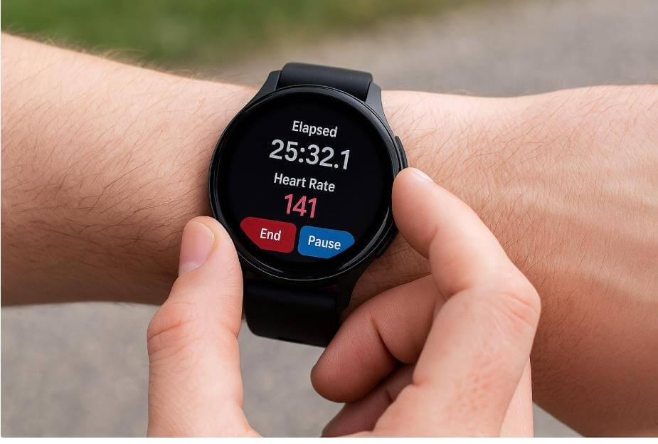 스마트워치에 운동 시간과 심박수가 표시된 화면