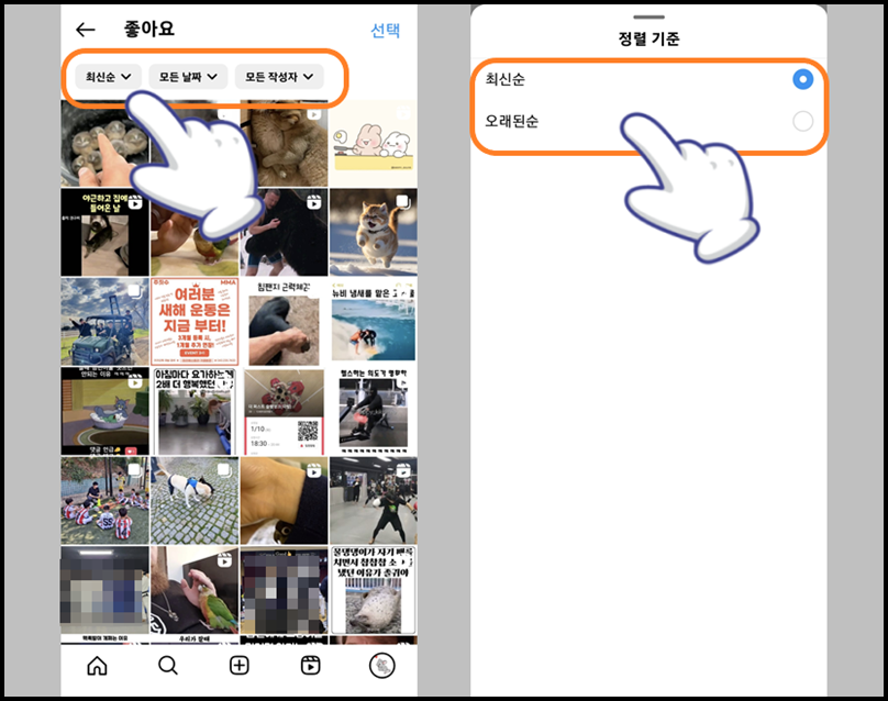 '좋아요' 기록에서 정렬 기준 선택하기
