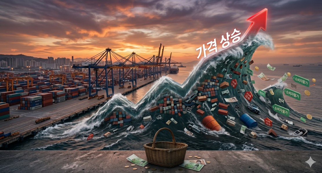 컨테이너 항구에서 거대한 파도가 물가 상승 그래프 모양으로 밀려오는 모습