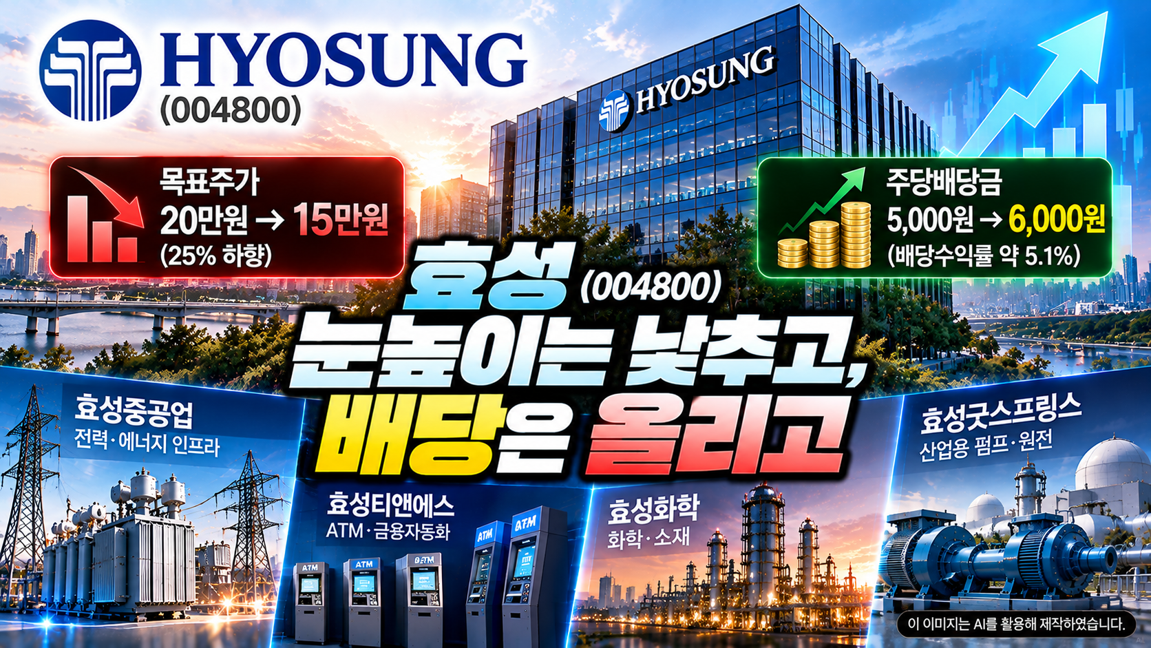 효성(004800) 기업분석, 목표주가 20만원에서 15만원으로 25% 하향된 이유와 주당배당금 5,000원에서 6,000원으로 증가할 전망, 예상 배당수익률 5.1% 및 주요 자회사 실적 분석