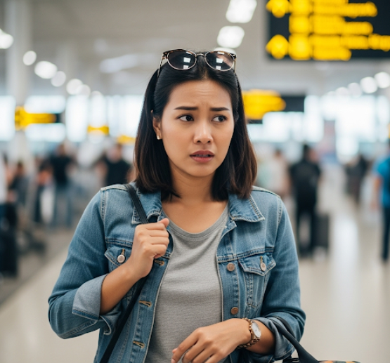 한 여성이 동남아 여행중 비행기 결항되어 당황한 모습