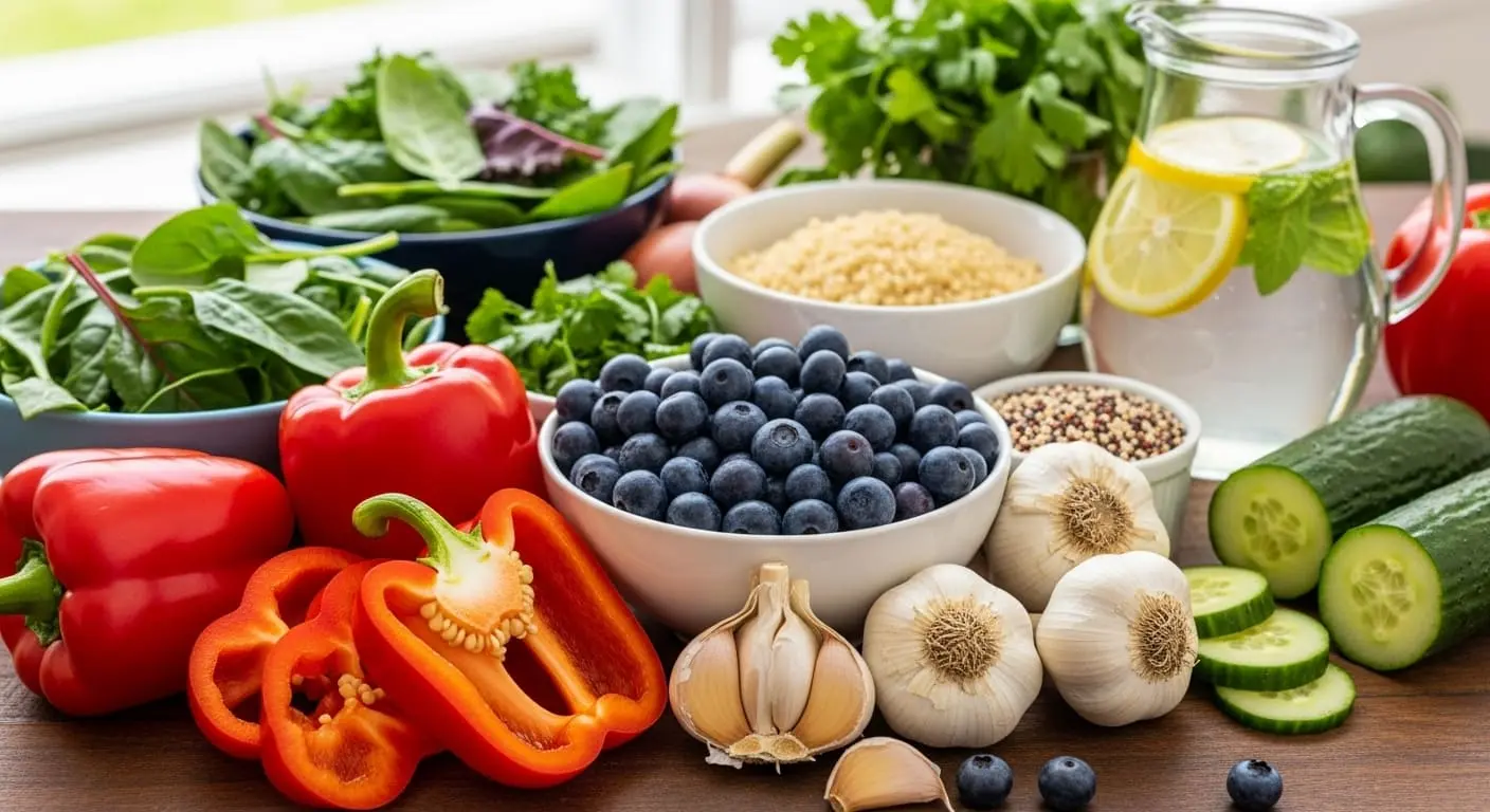 신장에 좋은 저칼륨 음식인 빨간 파프리카, 블루베리, 마늘이 신선하게 차려진 건강 식단 테이블