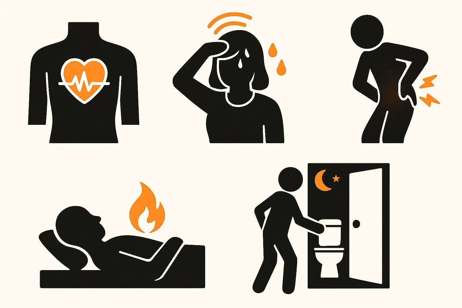 심장이 빨리 뛰는 아이콘, 더위와 땀 흘리는 여성, 허리·관절을 잡고 힘들어하는 사람, 누워있을 때 가슴 통증을 느끼는 사람, 밤에 화장실을 자주 가는 장면