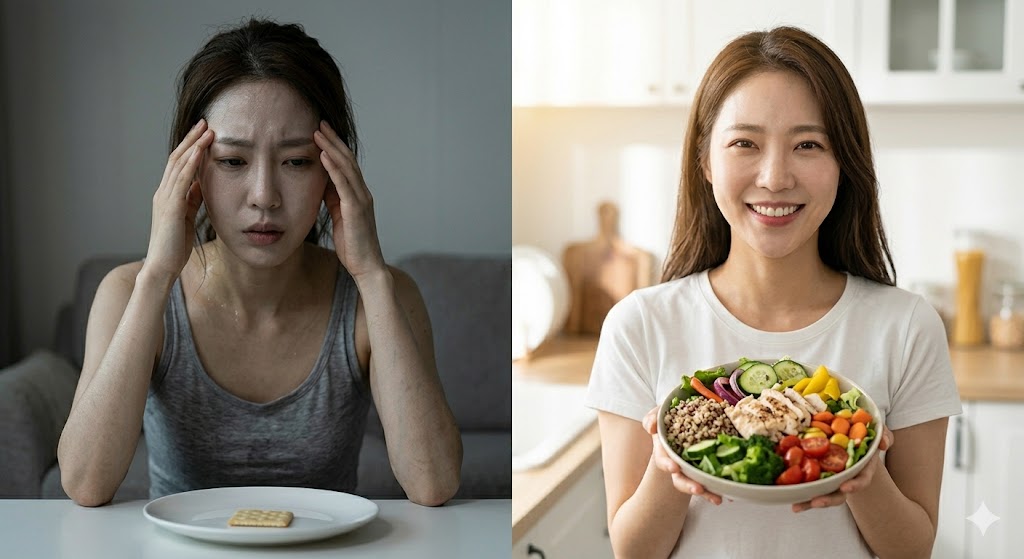 Contrast of a woman looking pale and exhausted due to a starvation diet on the left, and a woman holding a meal plan consisting of fresh salad and healthy food smiling brightly on the right. Emphasizes the importance of choosing a proper diet.