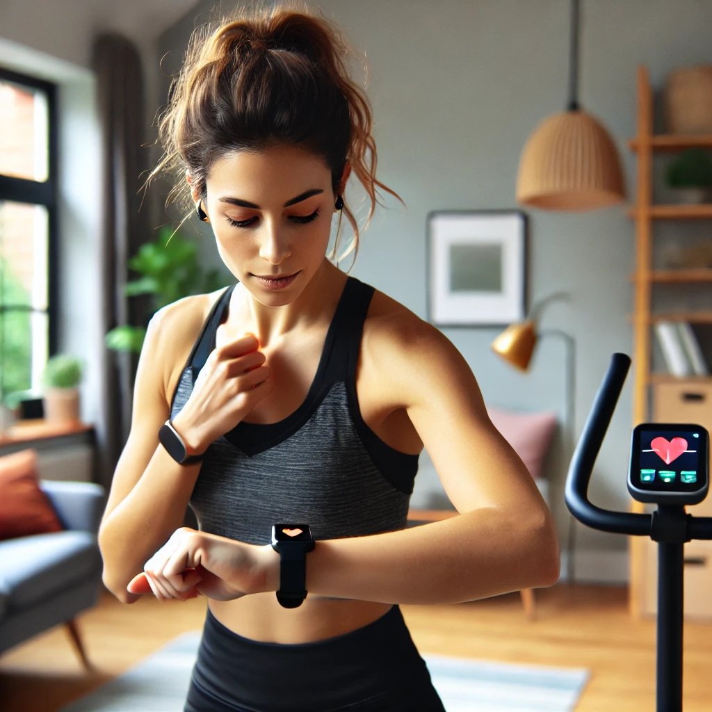 홈트레이닝으로 실내 사이클 운동 후 워치로 심박수 확인하는 여성이미지