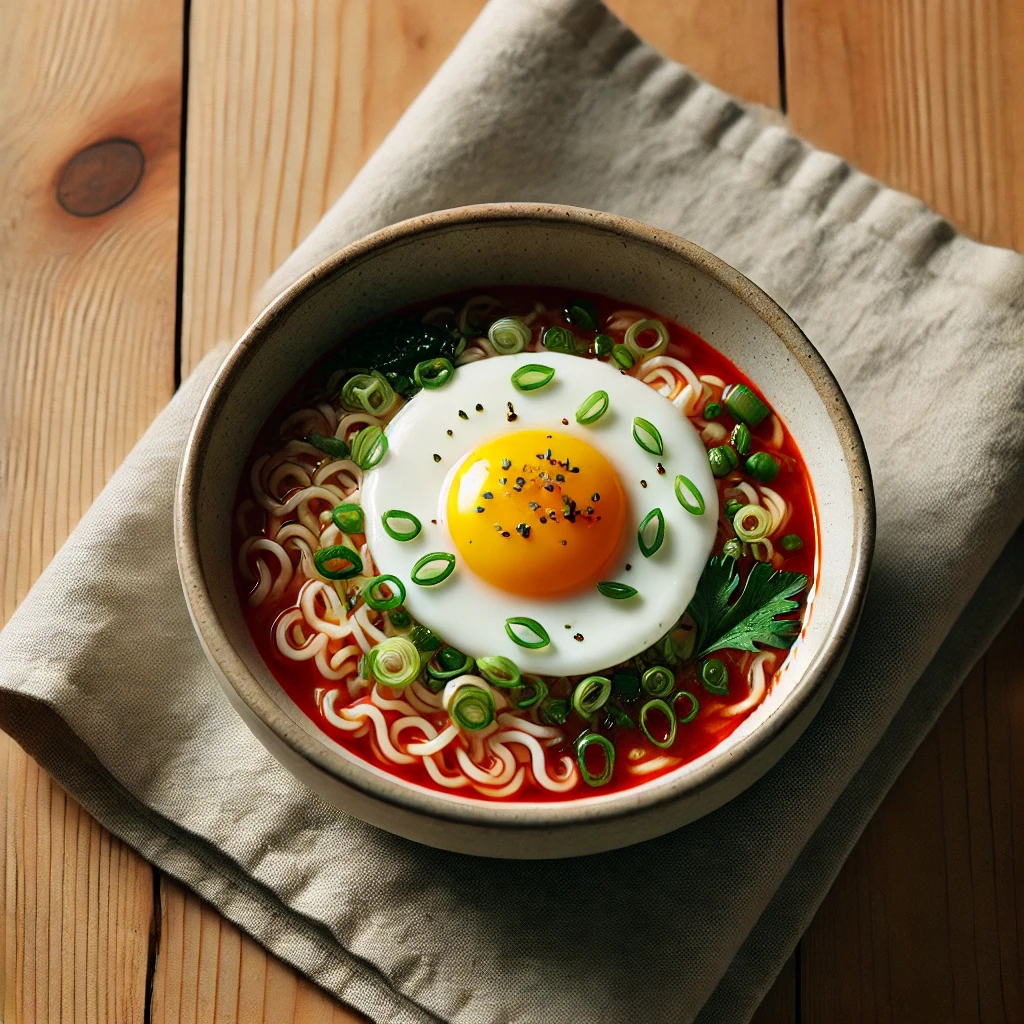 한국 라면 위의 파와 계란