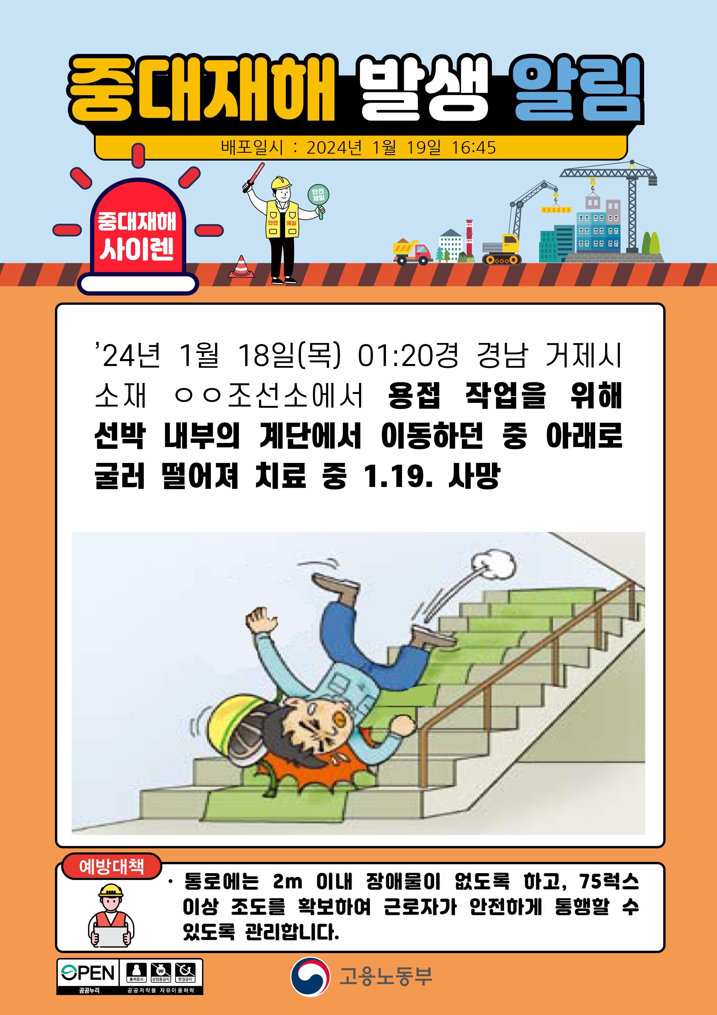 용접 작업을 위해 선박내부 계단을 이동 중 굴러떨어짐