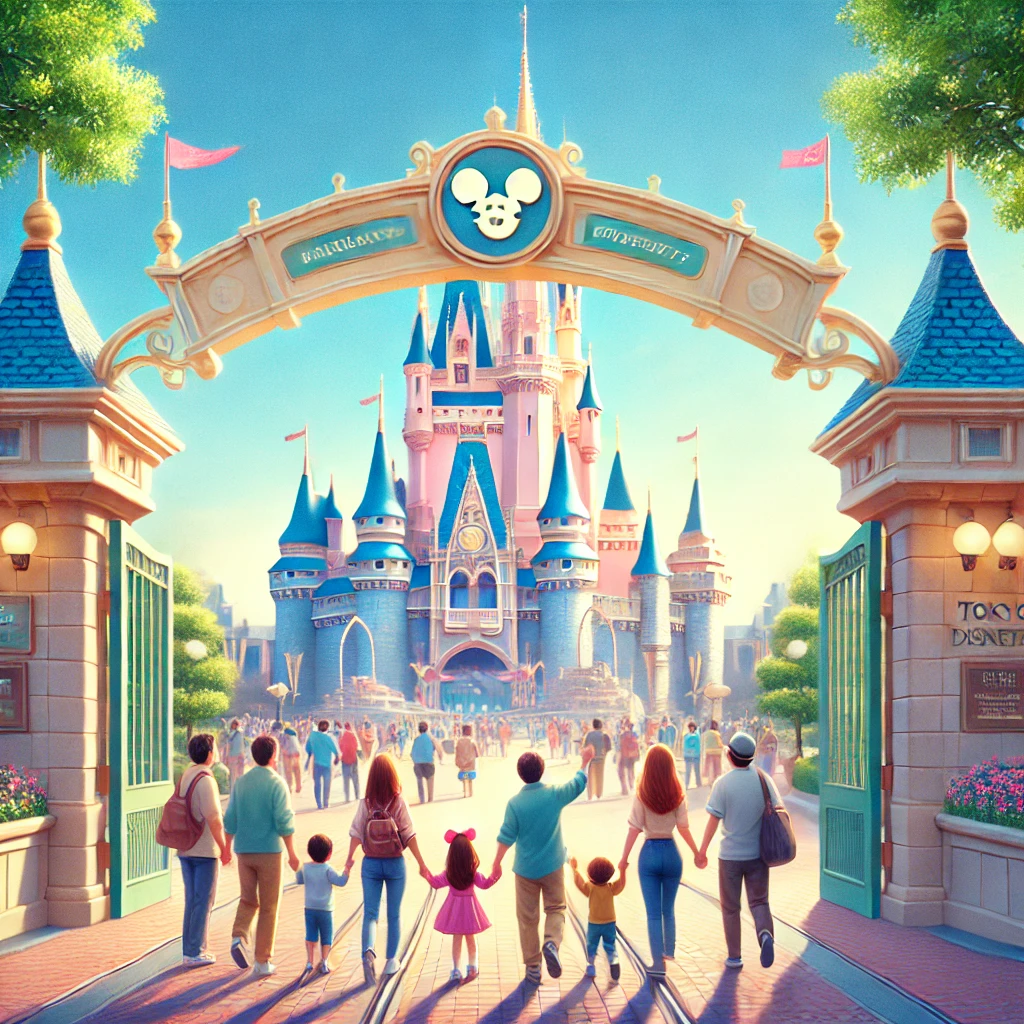 도쿄 디즈니랜드 입구에서 아침 일찍 입장하려는 여행객들이 줄지어 들어가는 모습, 맑은 하늘 아래 동화 속 같은 성이 배경으로 보이는 테마파크 풍경