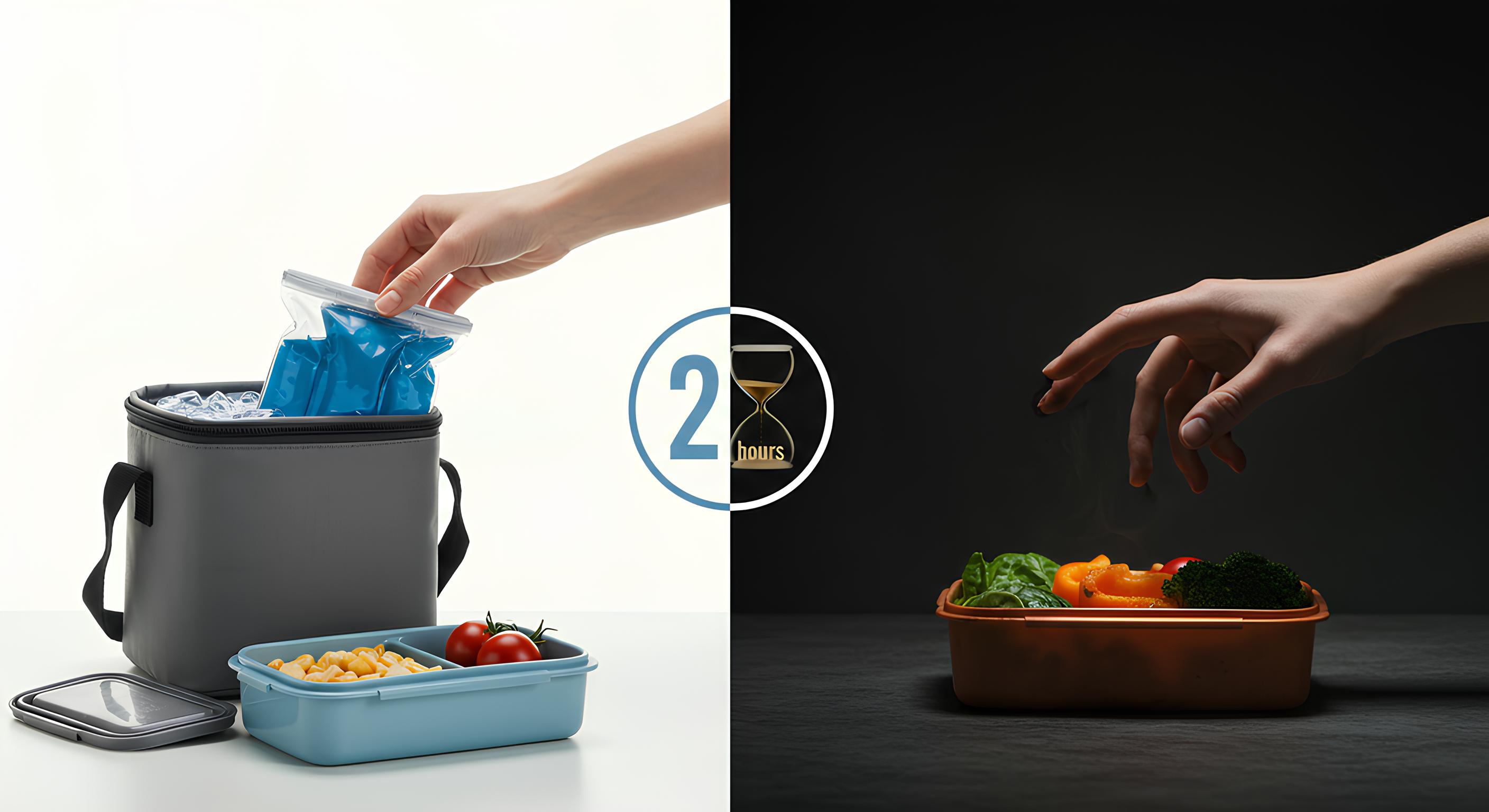 신선한 도시락과 상한 도시락을 가르는 2시간 모래시계를 중심으로, 여름철 음식 안전의 중요성을 보여주는 대비 이미지