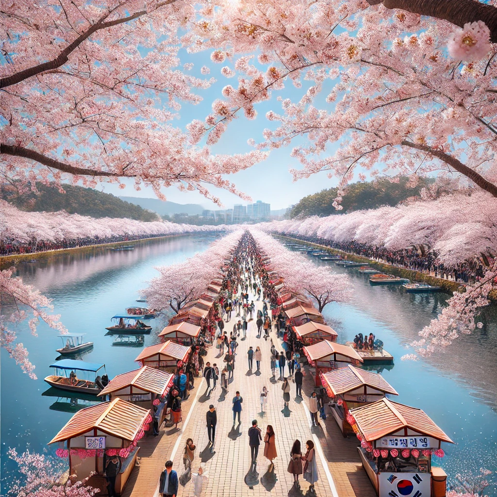 양쪽길로 벚꽃길이 길게 일어나 있으며 사람들이 구경하며 지나가고있다. 