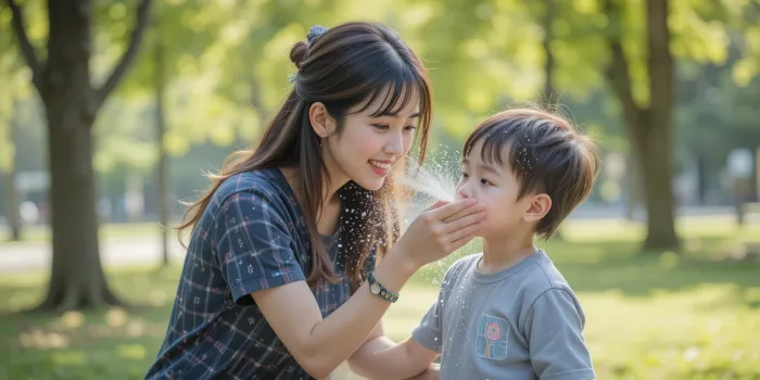 공원 그늘에서 아이를 식혀주는 엄마의 모습